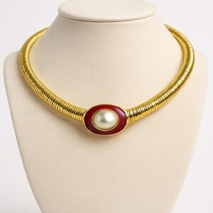 Vintage Monet Statement Collar Necklace Gold-Tone Faux Pearl Cabochon 70’s–80s